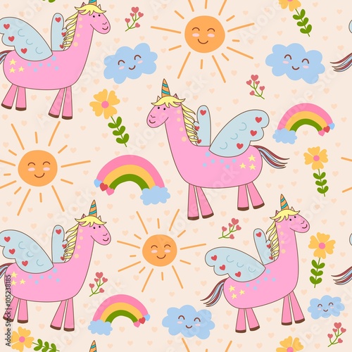 Cute seamless pattern with unicorn © juliyas