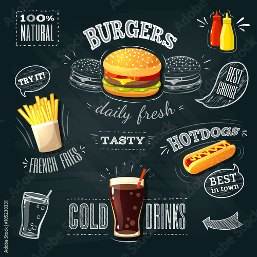 Chalkboard fastfood ADs - hamburger, french fries and hotdog. Vector illustration, eps 10. photo