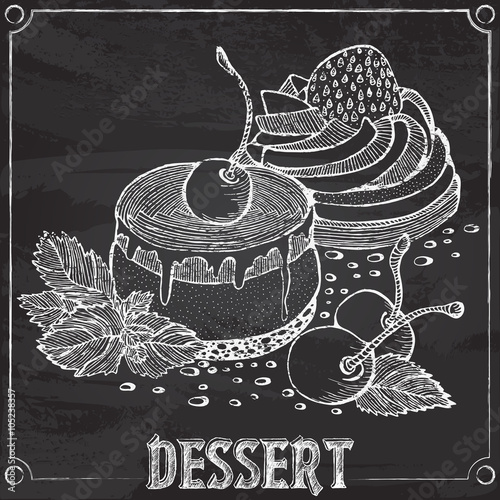 cakes with cherries and strawberries chalk outline