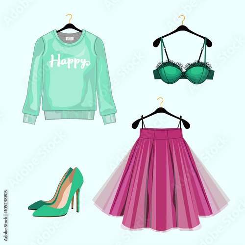 Set of women fashion clothes for shopping catalog. Vector sweats