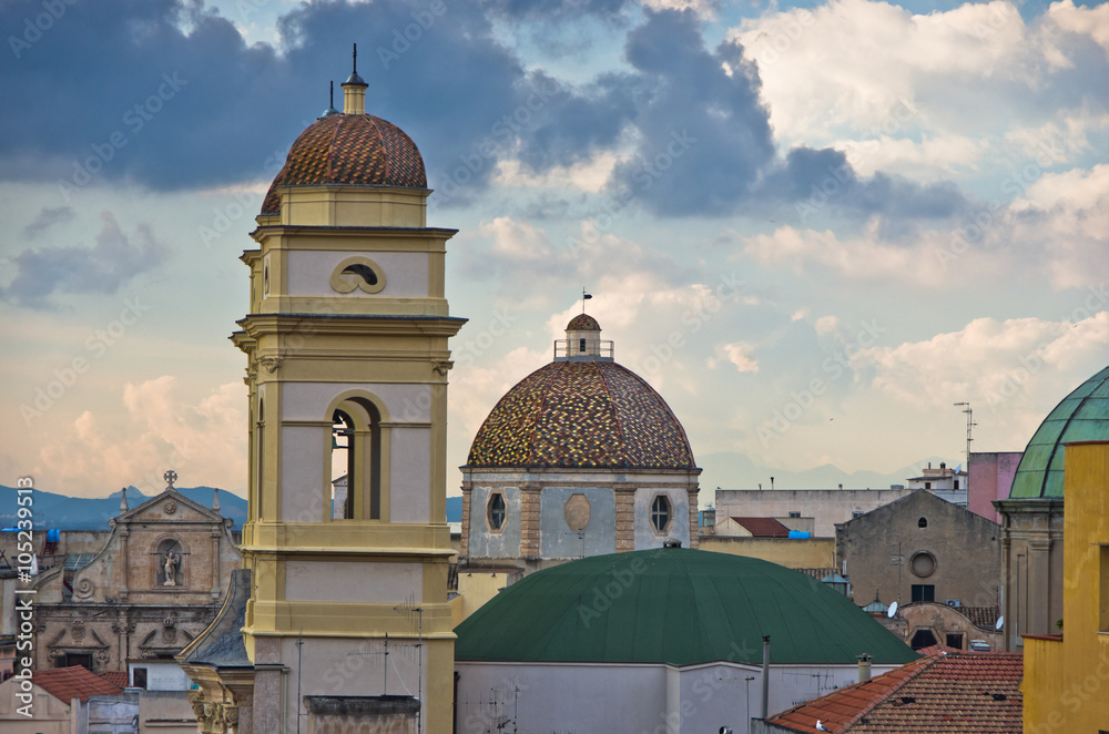 Aerial view of Saint Anne church and Cagliari cityscape, Sardinia, Italy