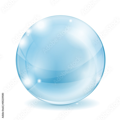 Glass sphere. Blue transparent glass ball.