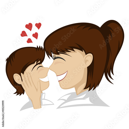 A little brunette boy and brunette mother's faces (mother caresses).