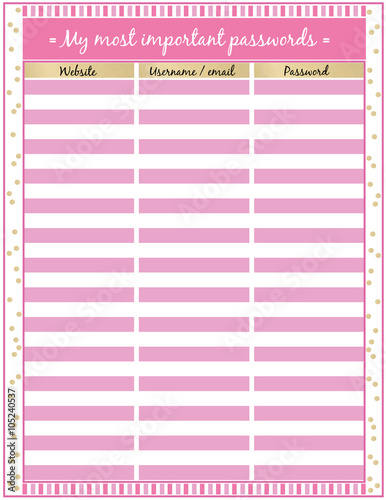 Password tracker Printable Planner Page Minimalistic pink and gold  Flat design,colors printable planner  page.Vector set elements.