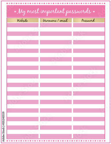 Password tracker Printable Planner Page Minimalistic pink and gold  Flat design,colors printable planner  page.Vector set elements.