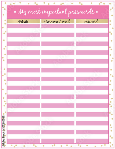 Password tracker Printable Planner Page Minimalistic pink and gold  Flat design,colors printable planner  page.Vector set elements.
