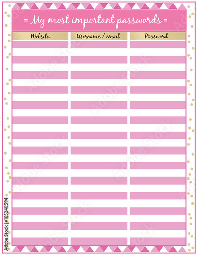 Password tracker Printable Planner Page Minimalistic pink and gold  Flat design,colors printable planner  page.Vector set elements.
