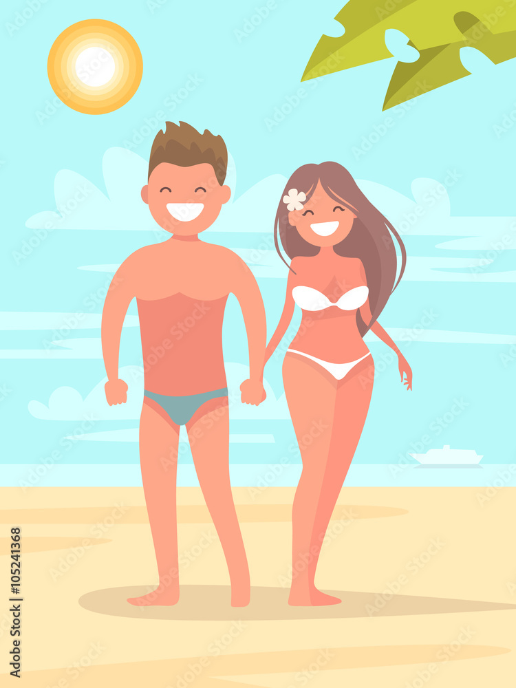 Boy and girl on the beach together. Vector illustration of a hol
