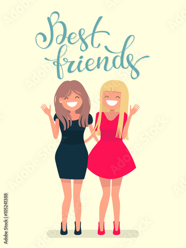 Calligraphic inscription best friends. Cheerful girl student together. Female friendship. 