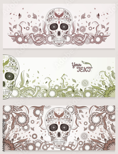 Fototapeta Naklejka Na Ścianę i Meble -  Banners of Dia de Muertos sugar skull with ornate on an abstract floral ornamental background. Day of The Dead