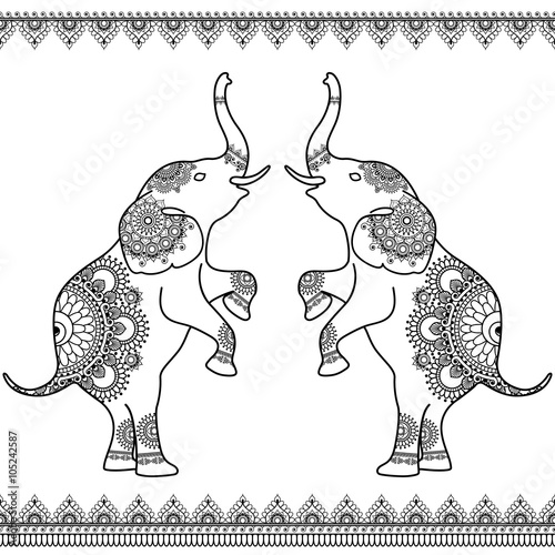 Two elephants standing up with seamless line lace borders in ethnic mehndi Indian henna style.