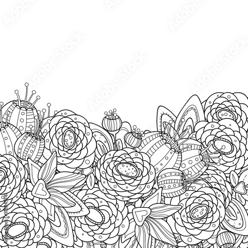 Doodle flowers and leaves invitation card.
Template flowers frame design for card. Decorative hand drawn vector element border.