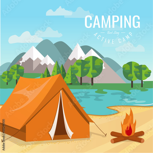 Vector flat illustration camping. Nature background with grass  forest  mountains and hills. Outdoor activities. Tent and fire camp