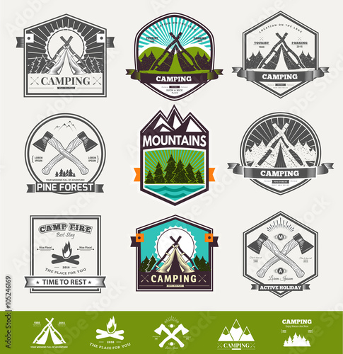 Retro vector vintage camp label and logo graphics. Camping outdoor, adventure and explorer. Simple and nice design. Travel and Exploration the world. Camping icons