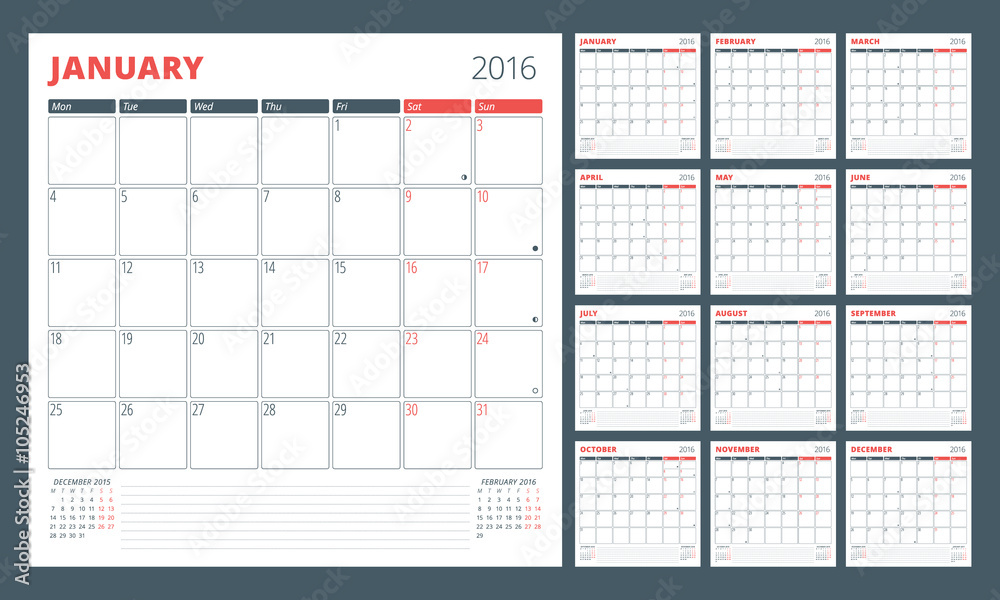 Calendar Planner for 2016 Year. Set of 12 Months. Design Print Template with Place for Photos and Notes. Week Starts Monday. Stationery Design Calendar Planner for 2016 Year. Set of 12 Months. Design Print Template with Place for Photos and Notes. Week Starts Monday. Stationery Design