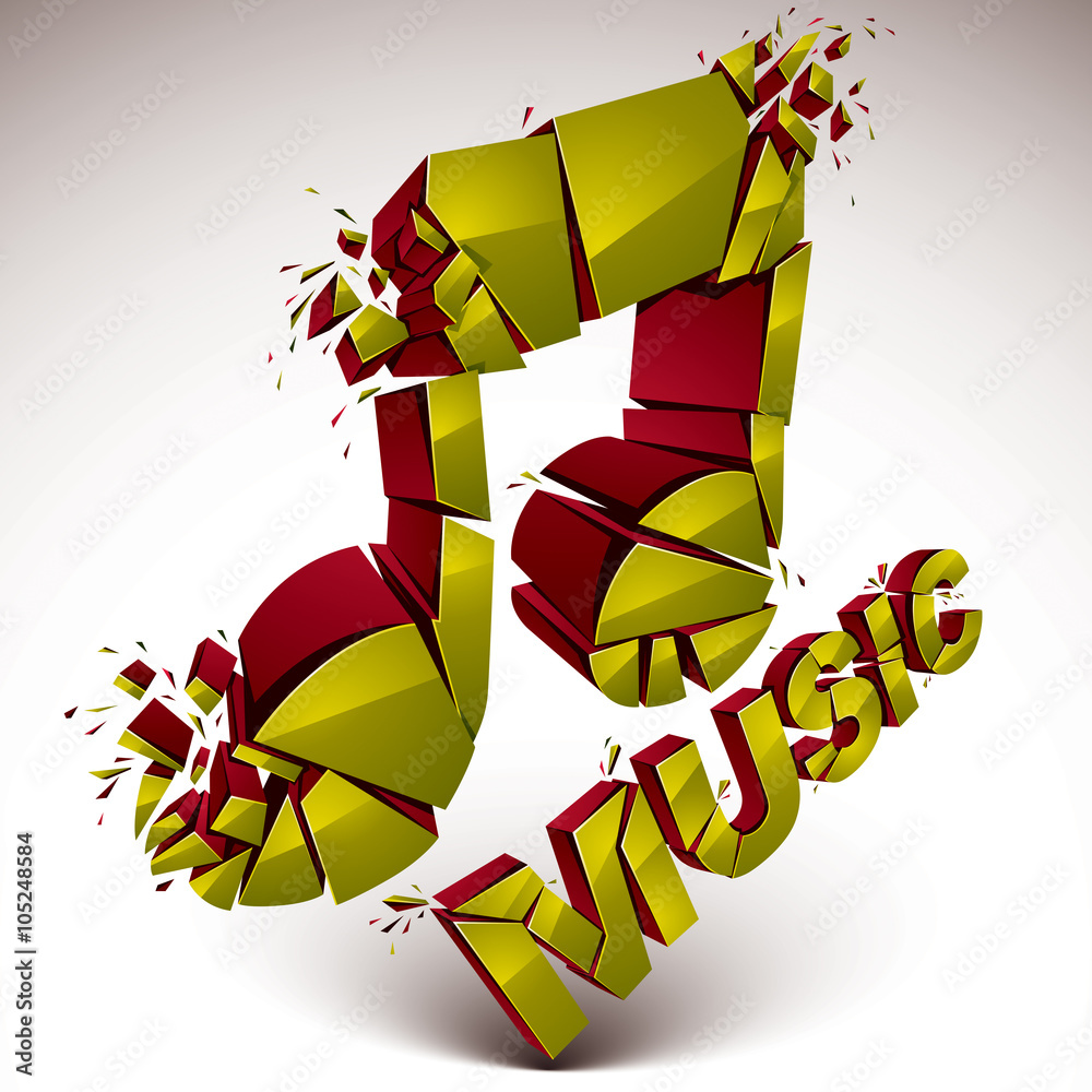3d vector green shattered musical notes with music word. Art mel