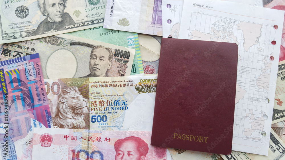 Money international Background, passport,calculator concept Money for travel , for Currency exchange 