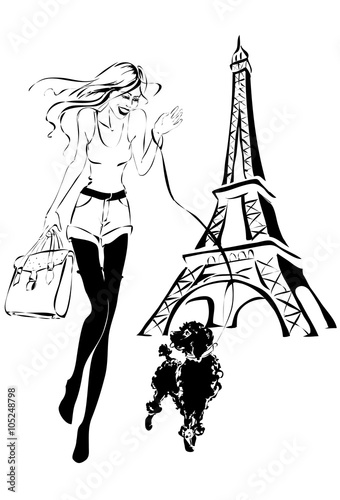 fashion woman with little dog near Eiffel Tower