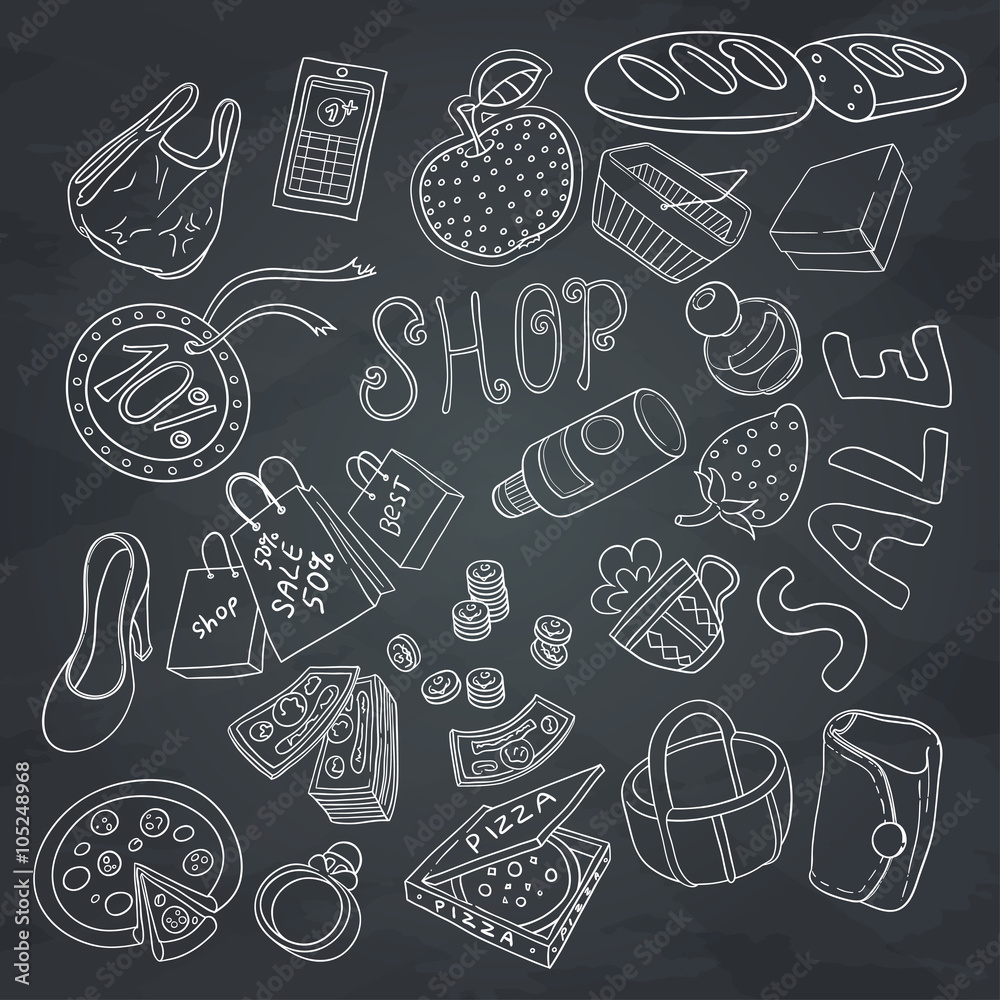 Set of objects shopping. Hand drawn ornaments. Outline without color fill. Doodles. Sketches of shopping objects on blackboard.