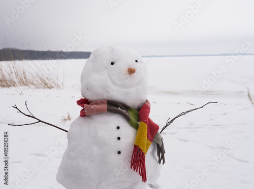Smiling snowman with carrot nose and stripe colorful scarf near frozen lake