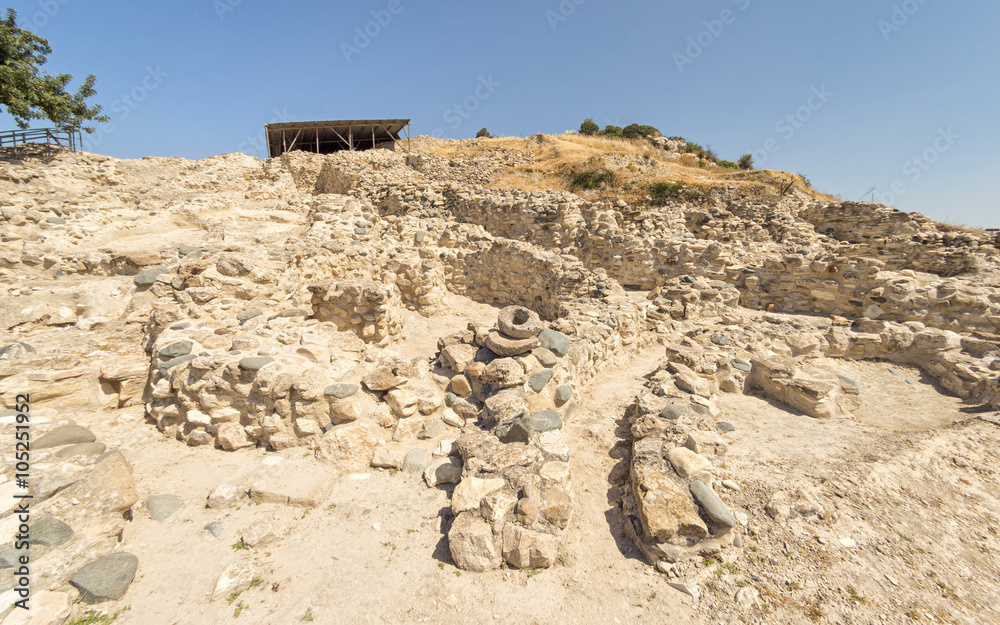 Choirokoitia (Khirokitia) Neolithic Settlement of 7-4-th millennium B.C. fisheye view. World Heritage Site by UNESCO. Cyprus.
