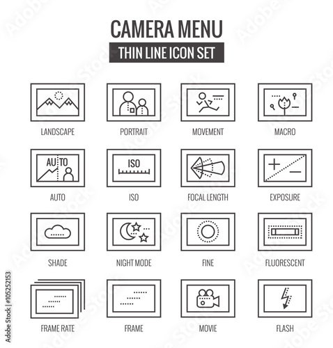 Camera menu and function Icons. flat thin line design. vector 