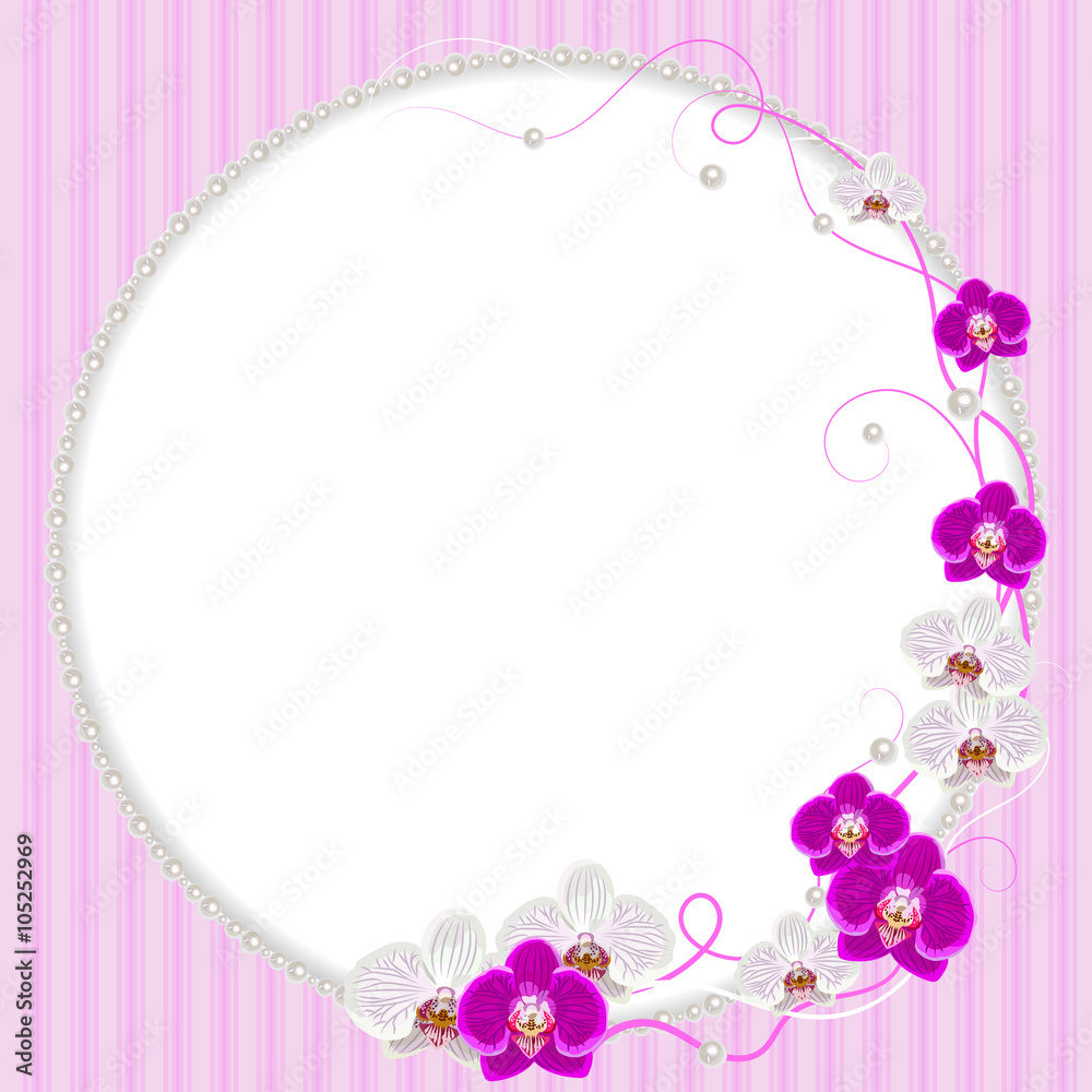 Delicate frame with orchid flowers and pearls 