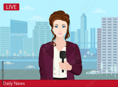 Beautiful young woman TV news reporter on the street.