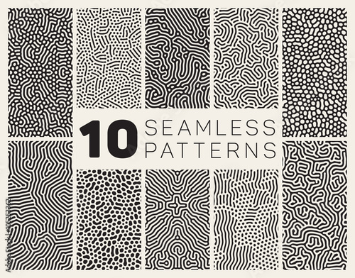 Set of Ten Vector Seamless Black and White Organic Rounded Jumble Maze Lines Patterns