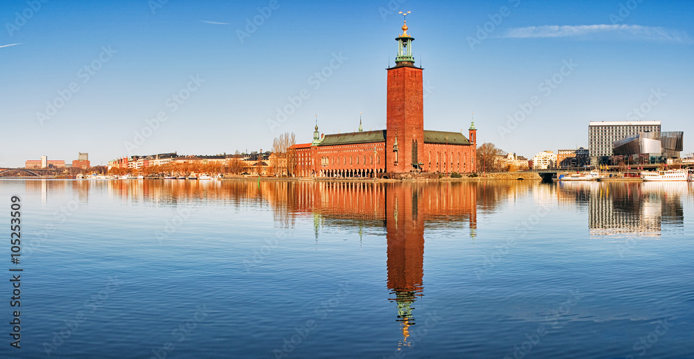 Panoramic image of Stadshuset, Stockholm City-hall. - obrazy, fototapety, plakaty 