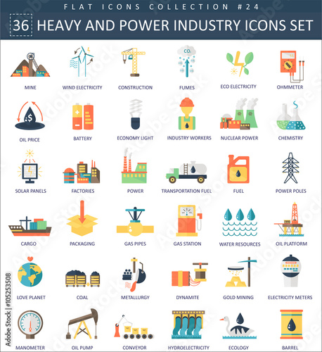 Vector heavy and power industry color flat icon set. Elegant style design.