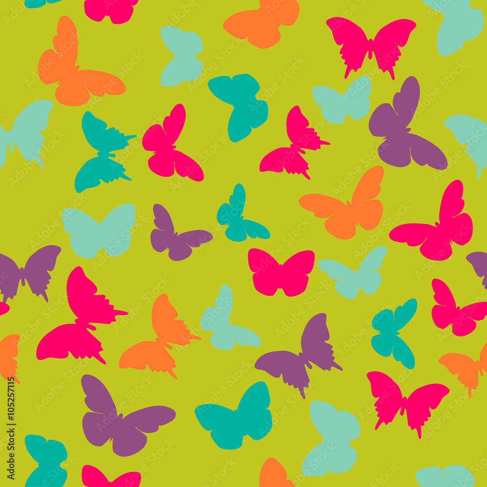 Vector seamless pattern with random orange, blue, pink, purple butterflies on green background. Vintage design for wrapping, textile, fabric, invitation, greeting, wedding cards, websites