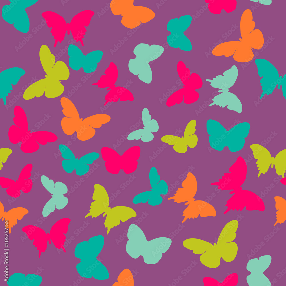 Vector seamless pattern with random orange, blue, pink, green butterflies on purple background. Vintage design for wrapping, textile, fabric, invitation, greeting, wedding cards, websites