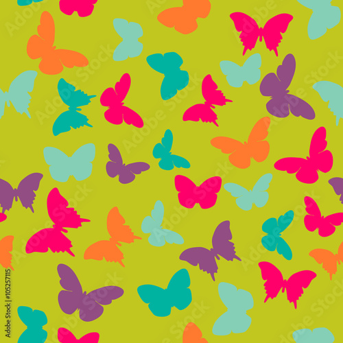 Vector seamless pattern with random orange, blue, pink, purple butterflies on green background. Vintage design for wrapping, textile, fabric, invitation, greeting, wedding cards, websites