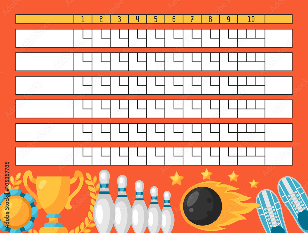 Bowling score sheet. Blank template scoreboard with game objects Stock