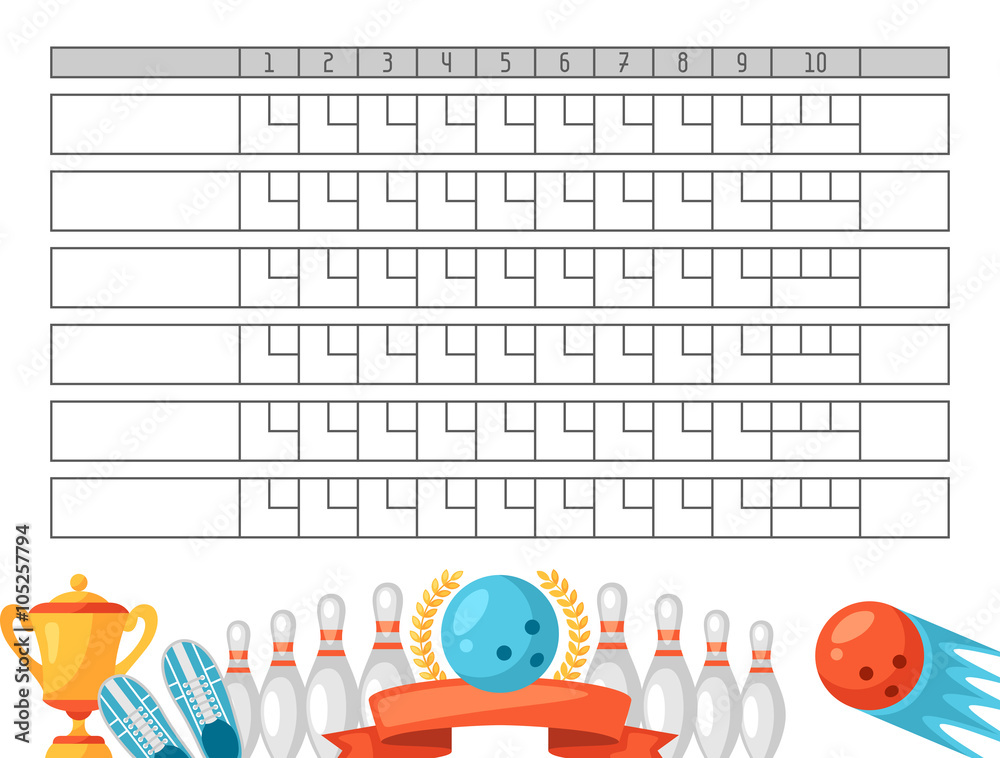 Obraz premium Bowling score sheet. Blank template scoreboard with game objects