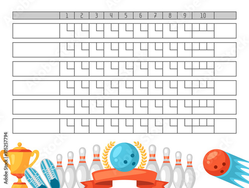 Bowling score sheet. Blank template scoreboard with game objects