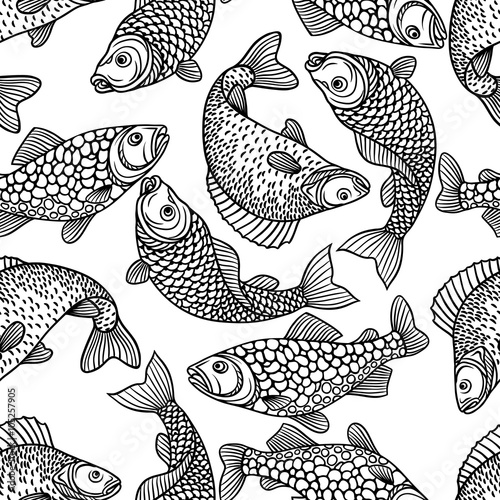 Seamless pattern with decorative fish. Background made without clipping mask. Easy to use for backdrop, textile, wrapping paper
