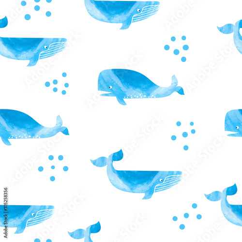Cute watercolor whales seamless pattern. Vector repeating background. 