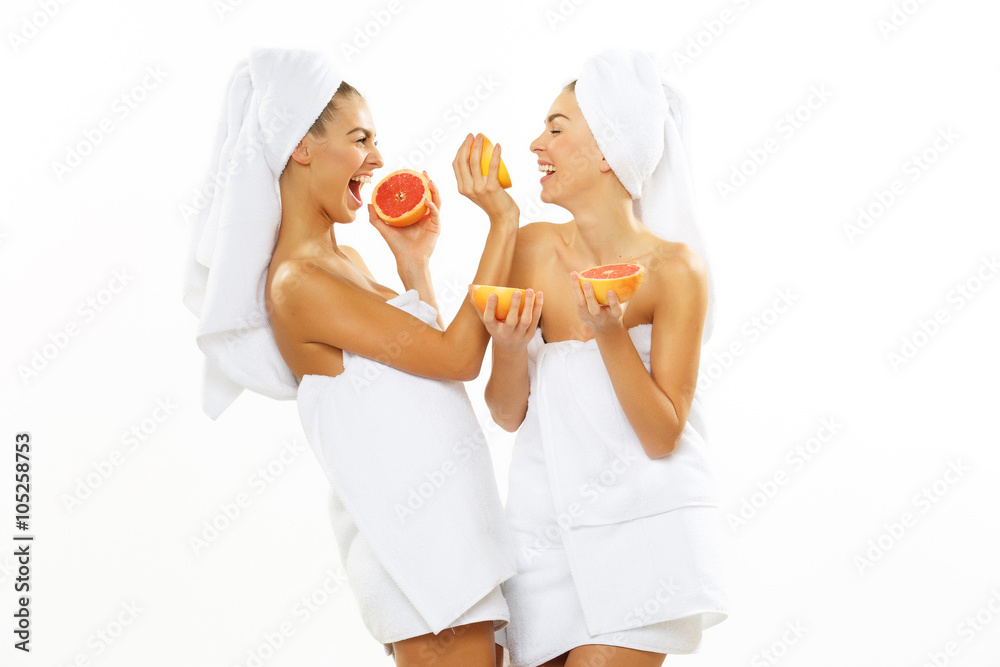 Two happy teen girl after shower Two happy teen girl after shower