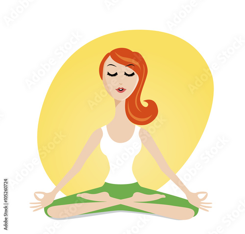 Cute meditating girl in cartoon style. 