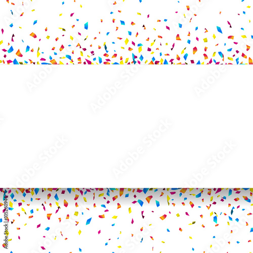 White banner with colorful confetti. Vector illustration.