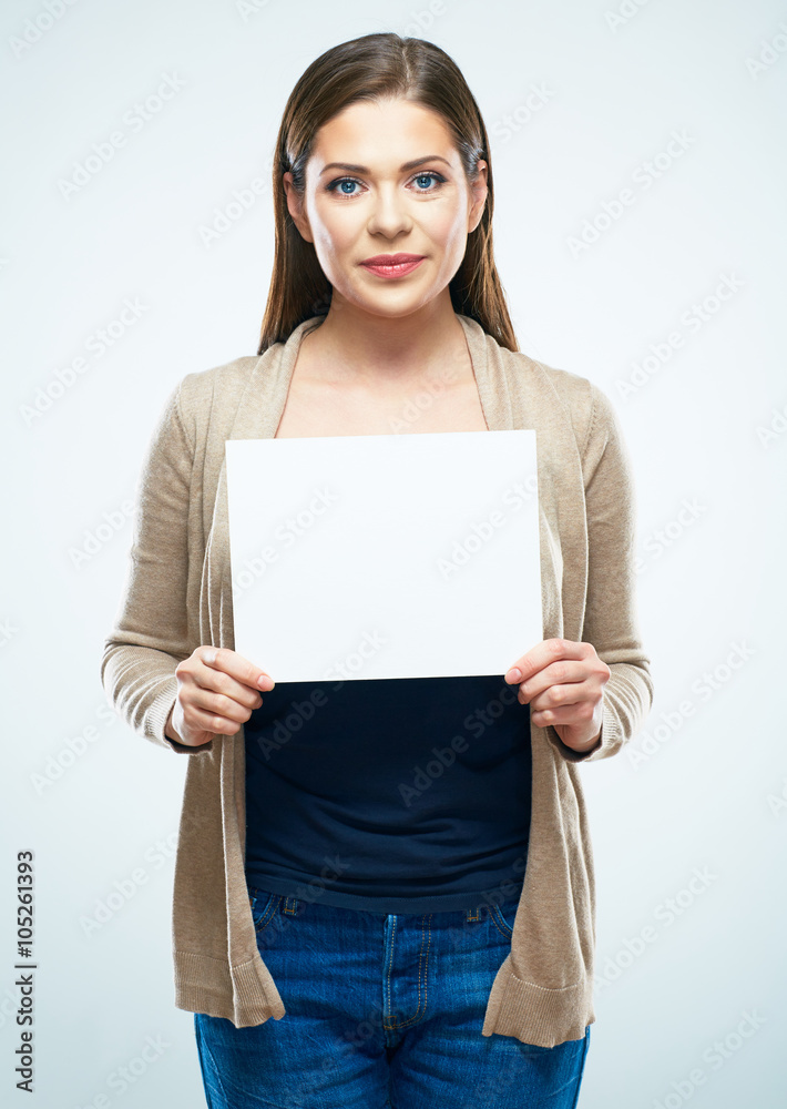 Smiling woman hold white blank sign board. Studio isolated port Smiling woman hold white blank sign board. Studio isolated port