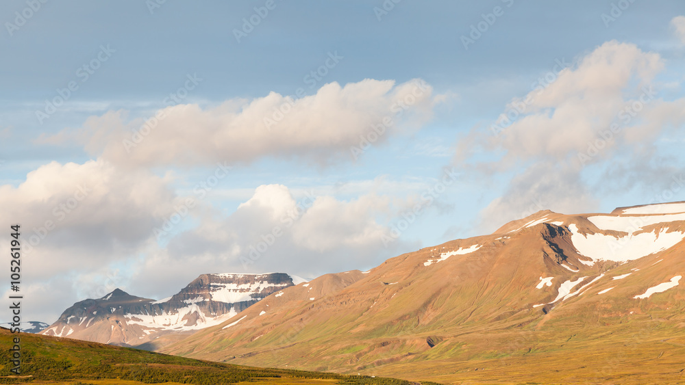 Akureyri Skyline.  Snow capped mountains above the city of Akureyri in northern Iceland.