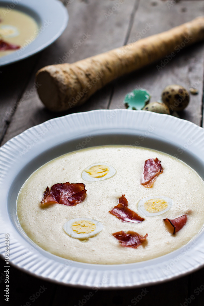 Horseradish cream soup with quail egg and black forest ham. Horseradish cream soup with quail egg and black forest ham.