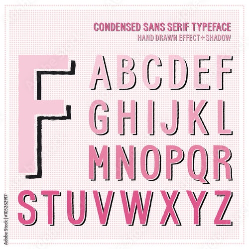 Condensed sans serif alphabet with hand drawn effect - shadow