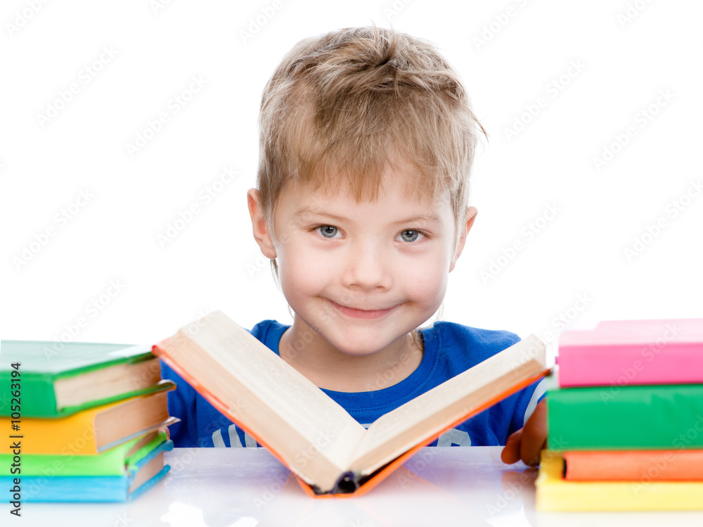 small boy reading books. isolated on white background small boy reading books. isolated on white background