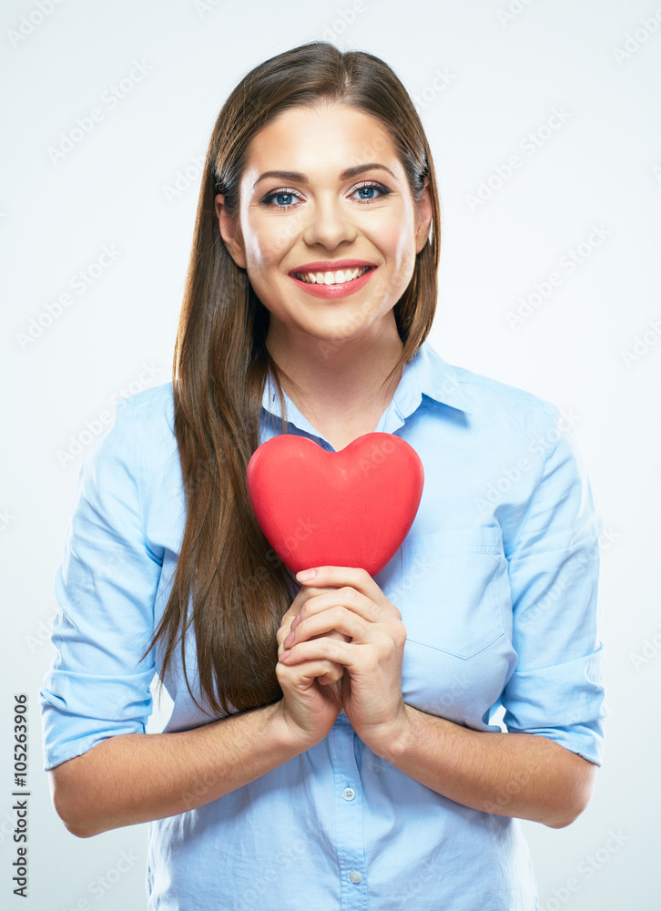Girl hold red heart. Isolated white background Girl hold red heart. Isolated white background