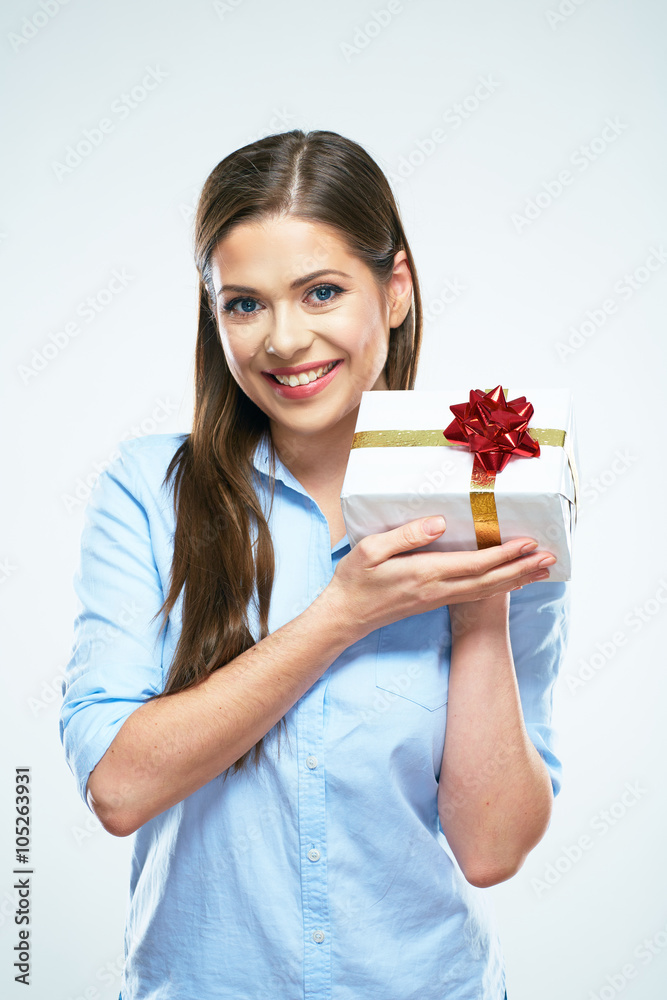 Smiling woman present gift box with red ribbon. Smiling woman present gift box with red ribbon.