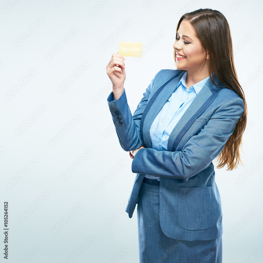 Happy business woman in suit credit card show. Happy business woman in suit credit card show.